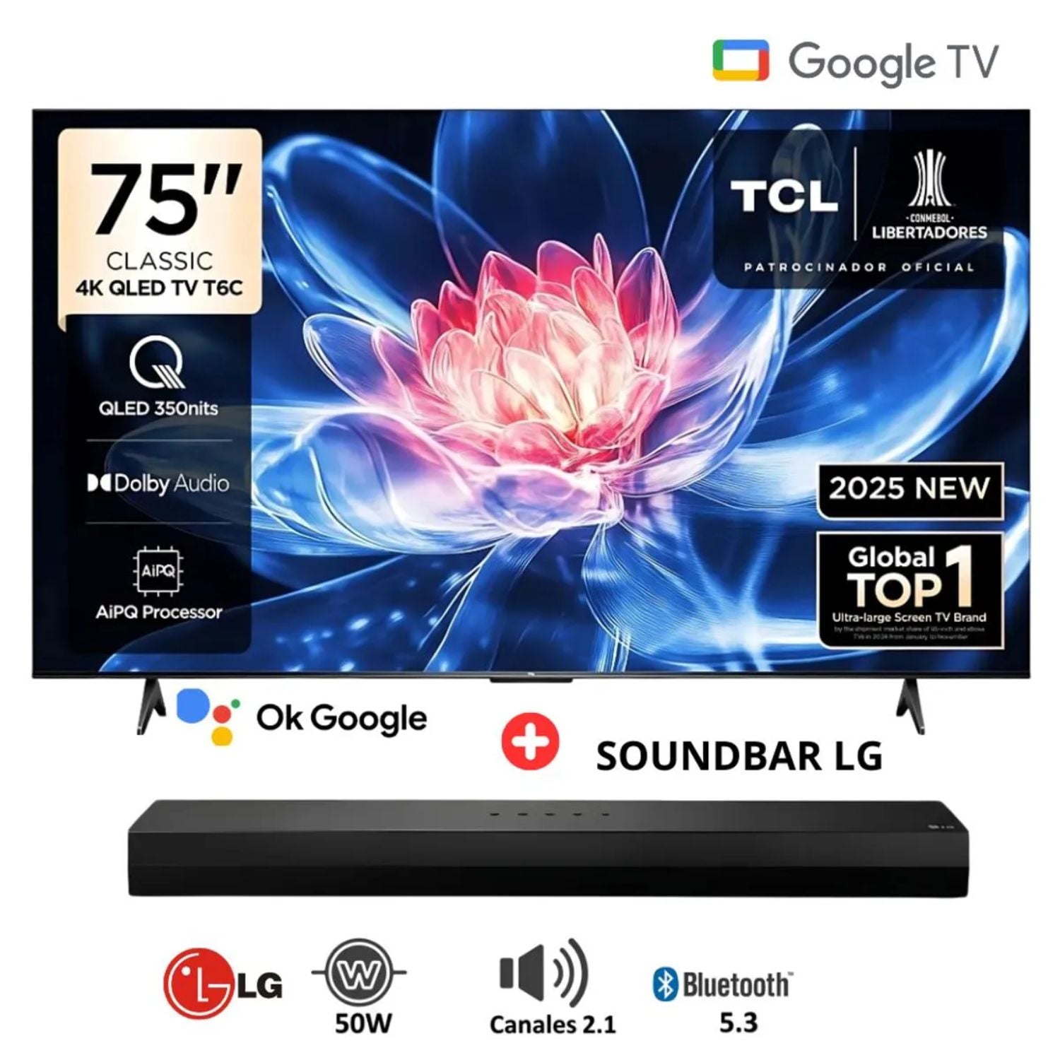 TELEVISOR TCL 75 QLED 4K SMART GOOGLE TV 75T6C + SOUNDBAR LG - 1