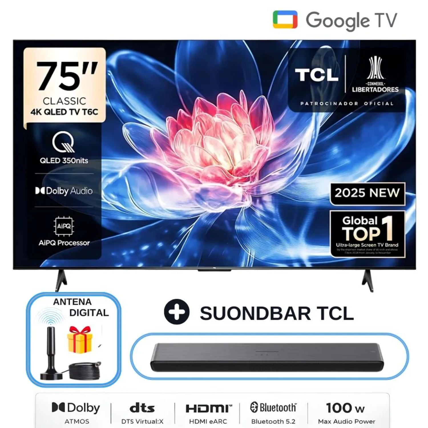 TELEVISOR TCL 75 QLED 4K SMART GOOGLE TV 75T6C + SOUNDBAR TCL + ANTENA - 1