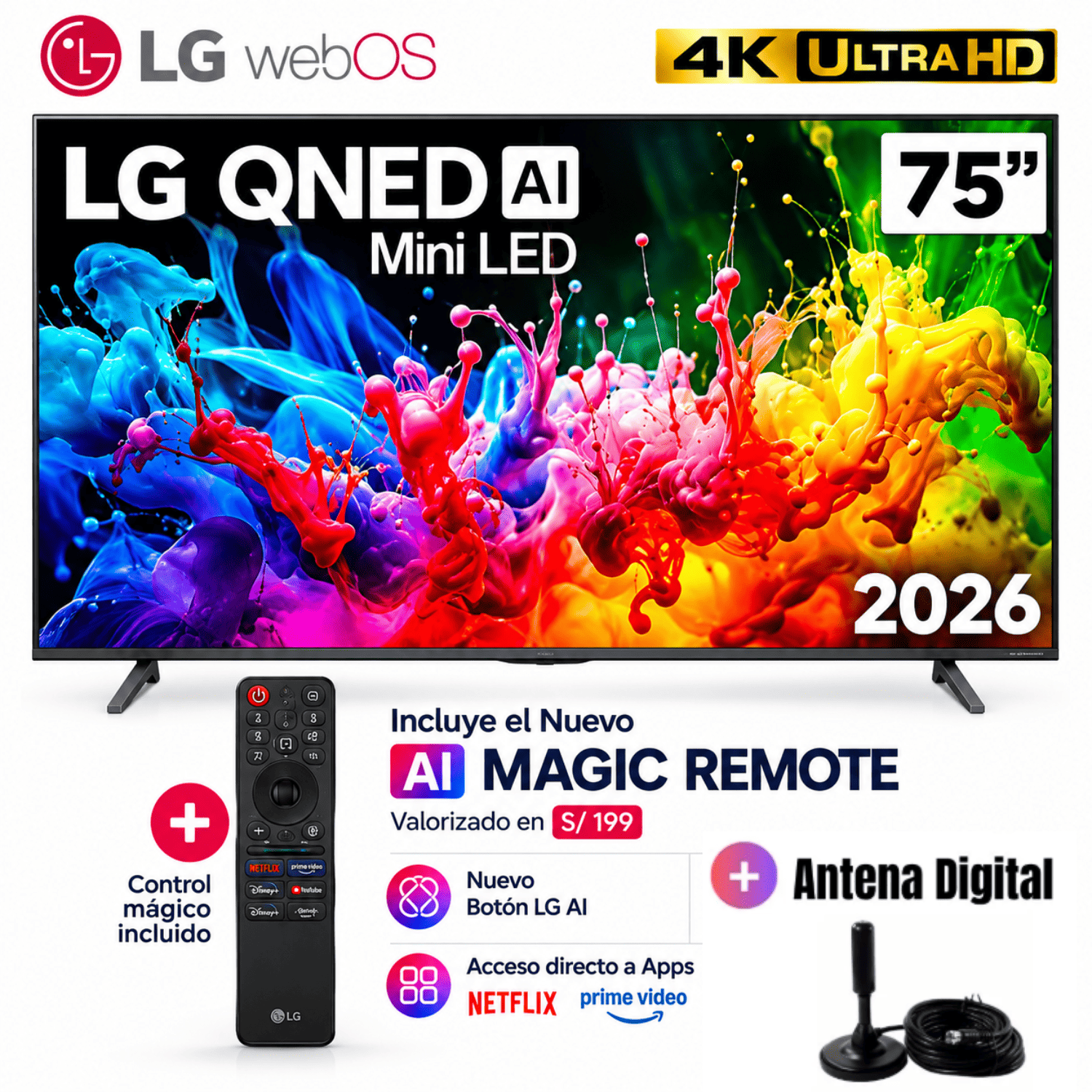 TELEVISOR 75 4K UHD QNED MINILED NEGRO LG 75QNED65BSA 2026 + ANTENA - 1