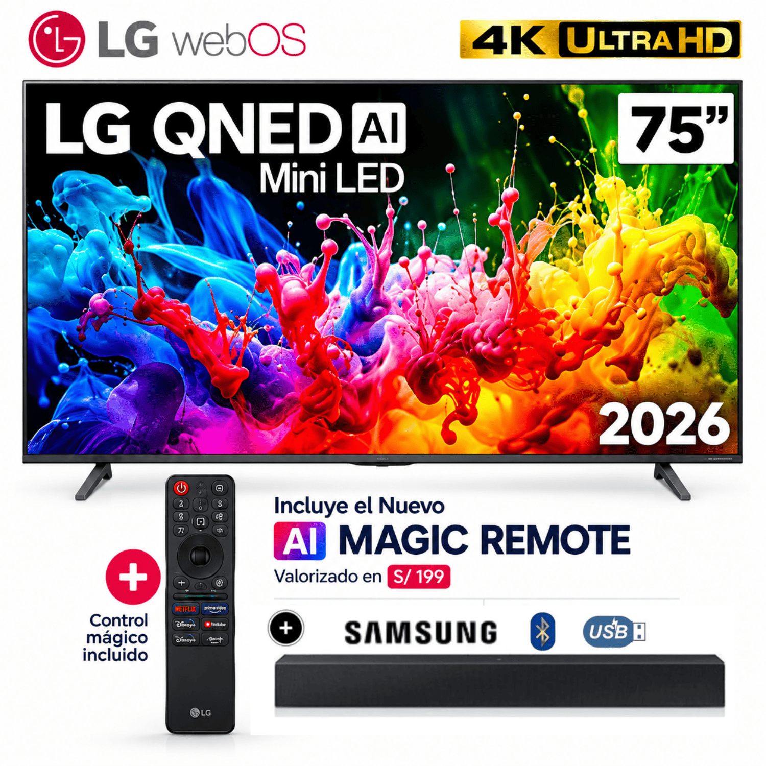 TELEVISOR 75 4K UHD QNED MINILED NEGRO LG 75QNED65BSA 2026 + SOUNDBAR SAMSUNG - 1