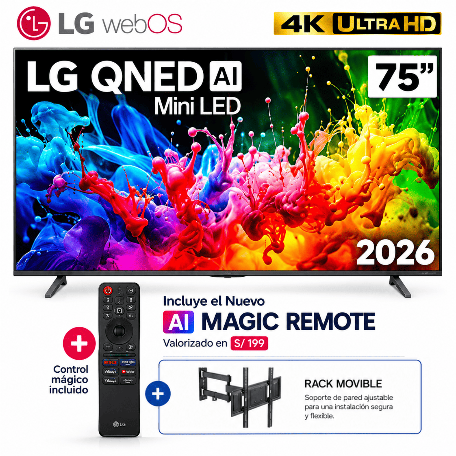 TELEVISOR 75 4K UHD QNED MINILED NEGRO LG 75QNED65BSA 2026 + RACK - 1