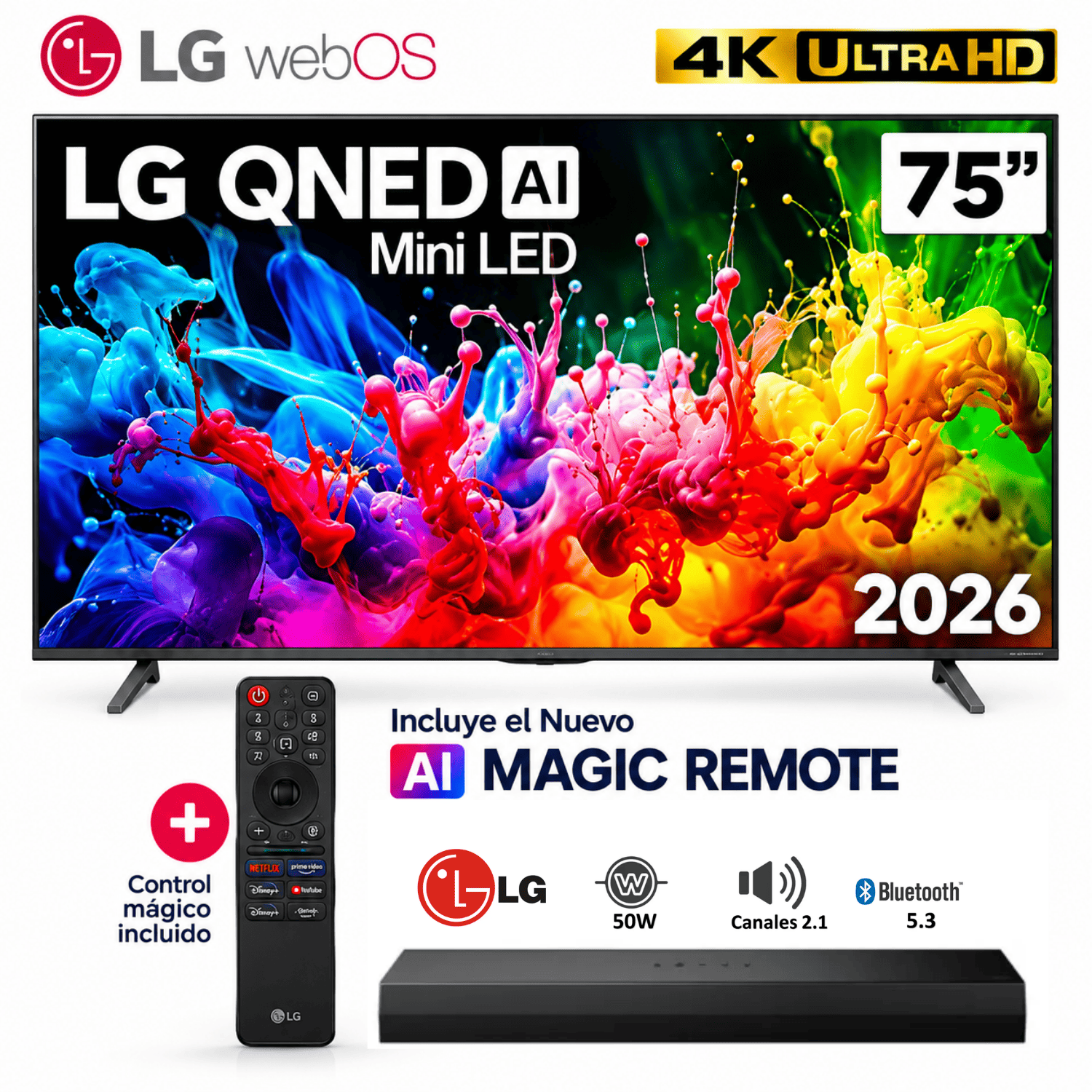 TELEVISOR 75 4K UHD QNED MINILED NEGRO LG 75QNED65BSA 2026 + SOUNDBAR LG - 1