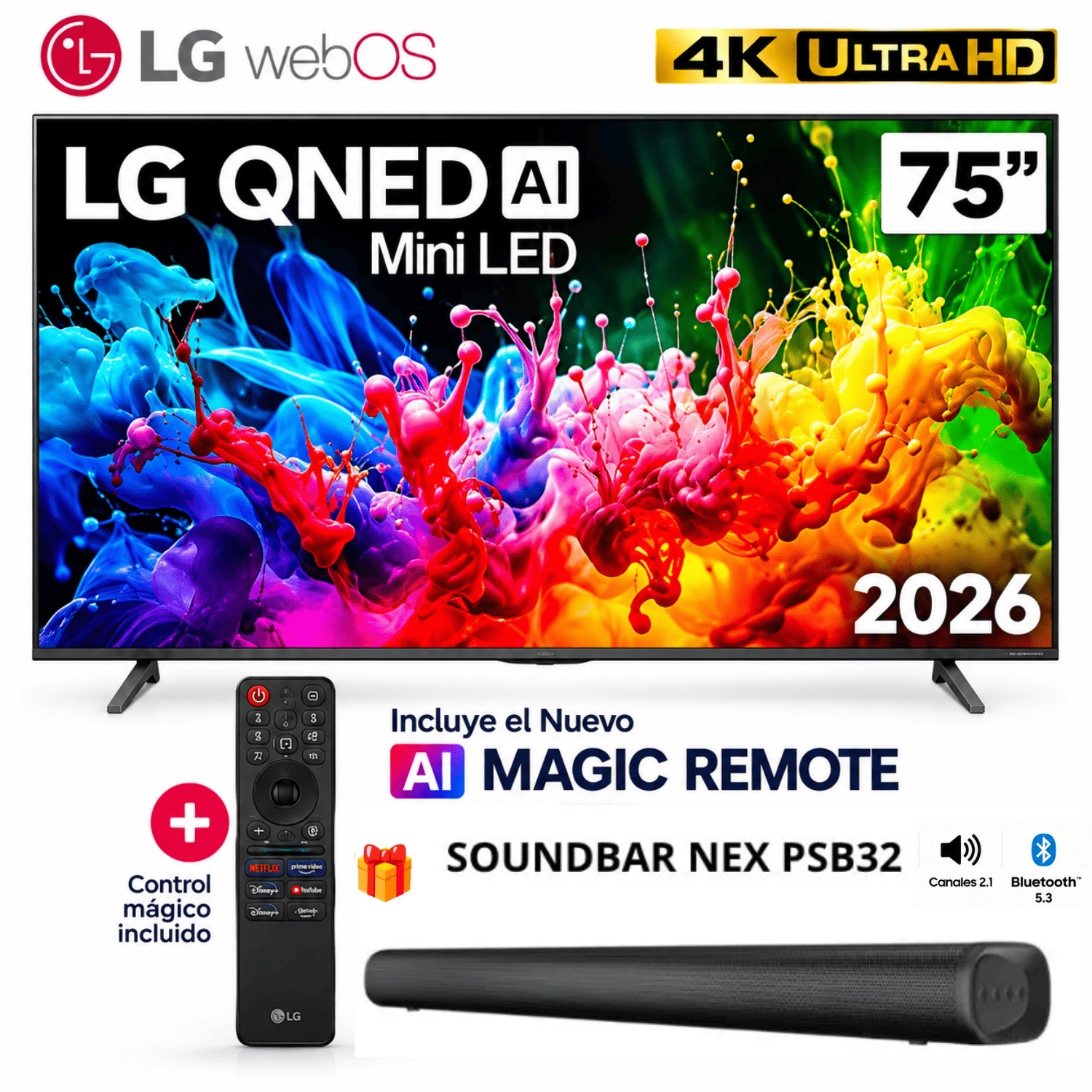 TELEVISOR 75 4K UHD QNED MINILED NEGRO LG 75QNED65BSA 2026 + SOUNDBAR NEX - 1