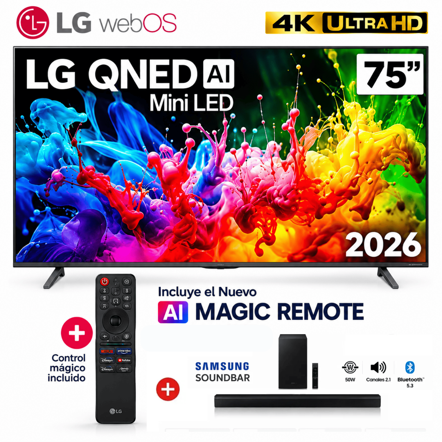 TELEVISOR 75 4K UHD QNED MINILED NEGRO LG 75QNED65BSA 2026 + SOUNDBAR B450 - 1