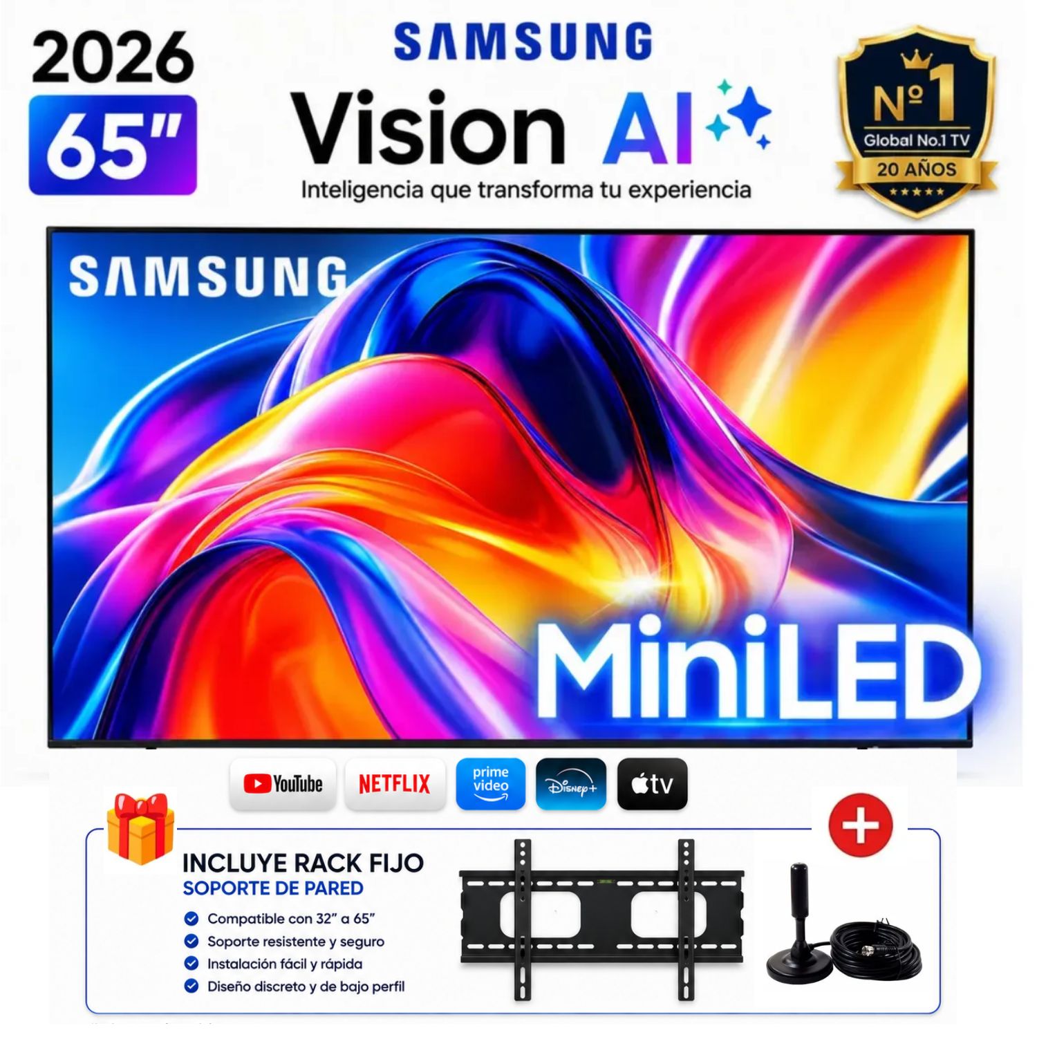 TELEVISOR SMART SAMSUNG M70 65 4K UHD MINI LED TIZEN OS UN65M70HAGXPE + RACK + ANTENA - 1