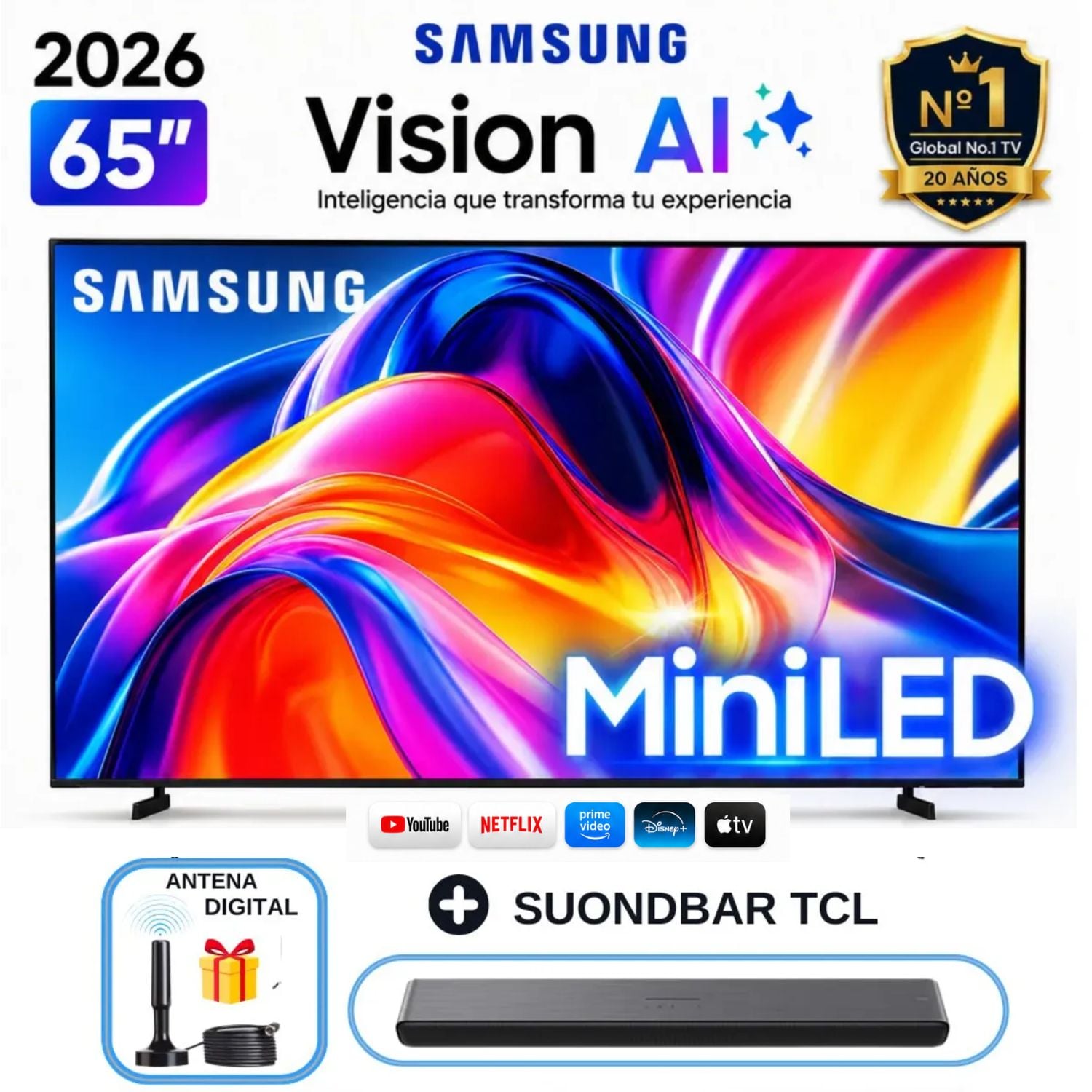 TELEVISOR SMART SAMSUNG M70 65 4K UHD MINI LED TIZEN OS UN65M70HAGXPE + SOUNDBAR TCL + ANTENA - 1