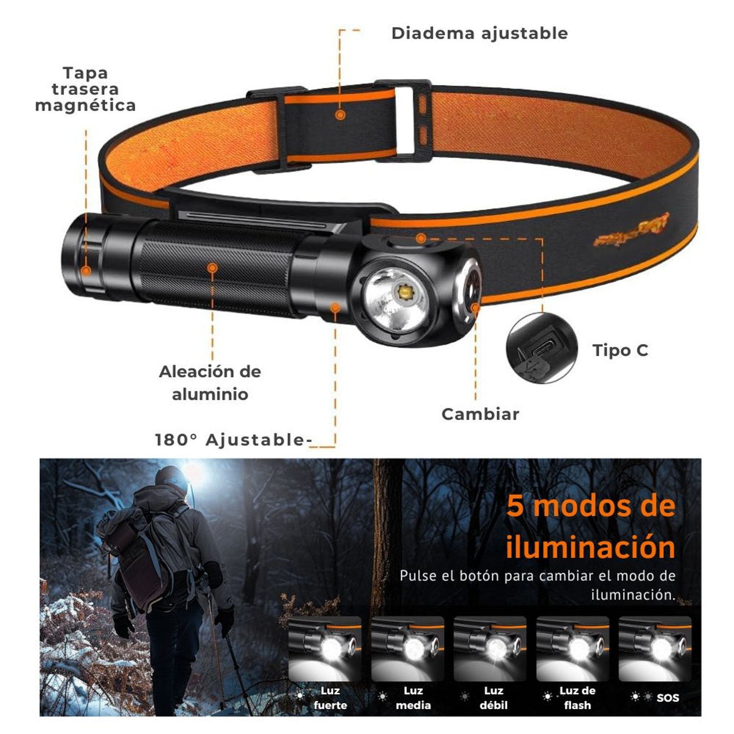 LINTERNA TH-04 ALUMINIO FRONTAL SUPERFIRE TH04  IMANTADA RESISTENTE Y LARGA DURACIÓN - 3