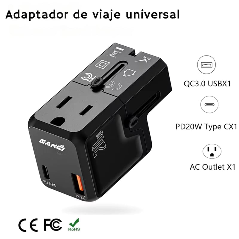 ADAPTADOR DE VIAJE ENCHUFE UNIVERSAL CARGADOR DE PARED TODO EN UNO PARA 200 PAÍSES SC-C7971 - 1