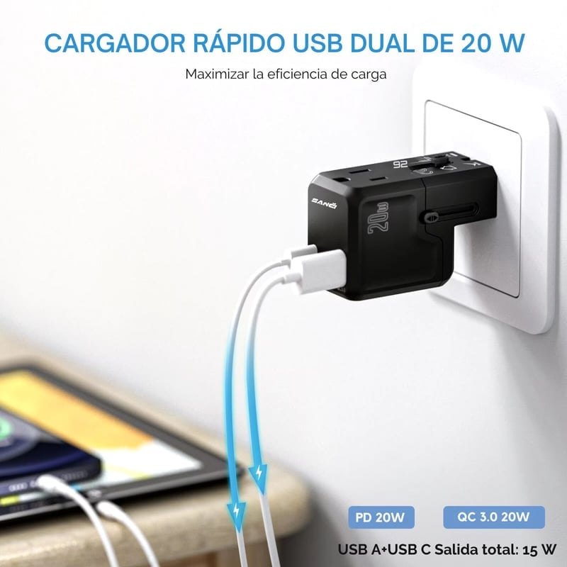 ADAPTADOR DE VIAJE ENCHUFE UNIVERSAL CARGADOR DE PARED TODO EN UNO PARA 200 PAÍSES SC-C7971 - 3