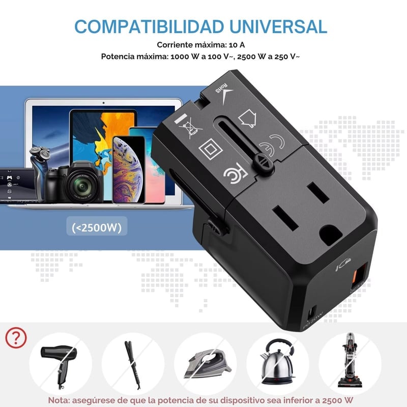 ADAPTADOR DE VIAJE ENCHUFE UNIVERSAL CARGADOR DE PARED TODO EN UNO PARA 200 PAÍSES SC-C7971 - 4