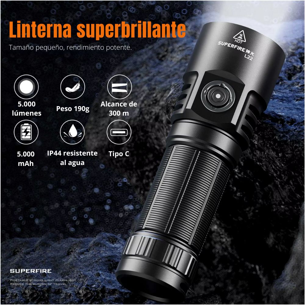 LINTERNA LED L22 ALUMINIO RECARGABLE 5000 LÚMENES CON 6 MODOS - 6