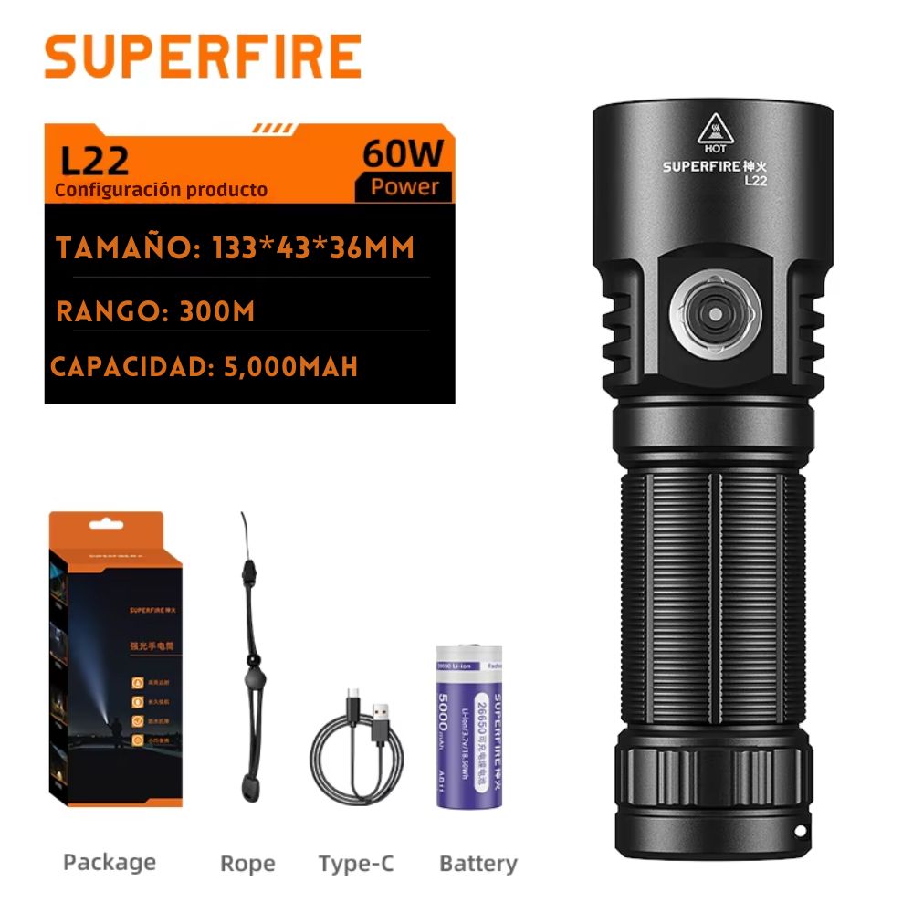LINTERNA LED L22 ALUMINIO RECARGABLE 5000 LÚMENES CON 6 MODOS - 8