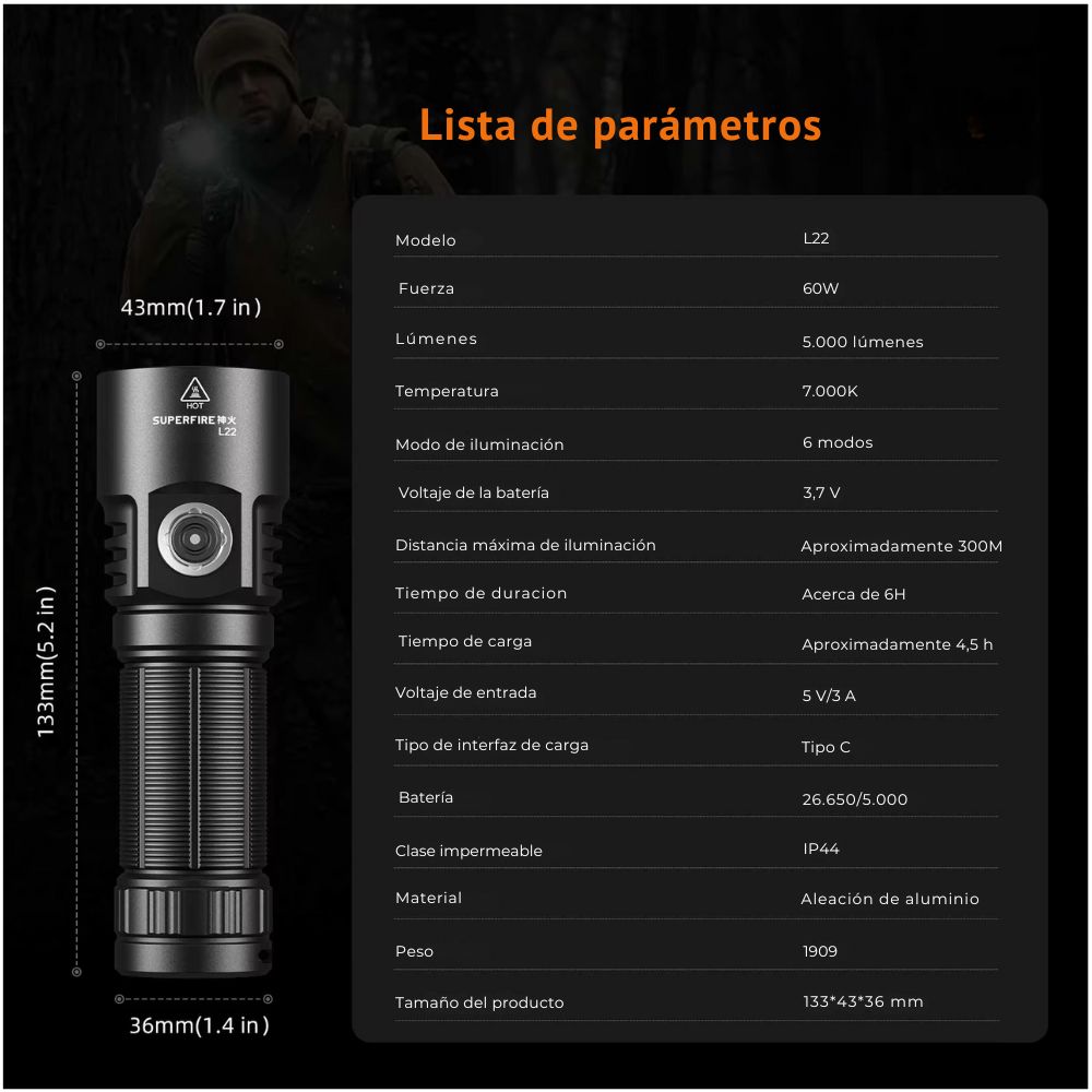 LINTERNA LED L22 ALUMINIO RECARGABLE 5000 LÚMENES CON 6 MODOS - 9
