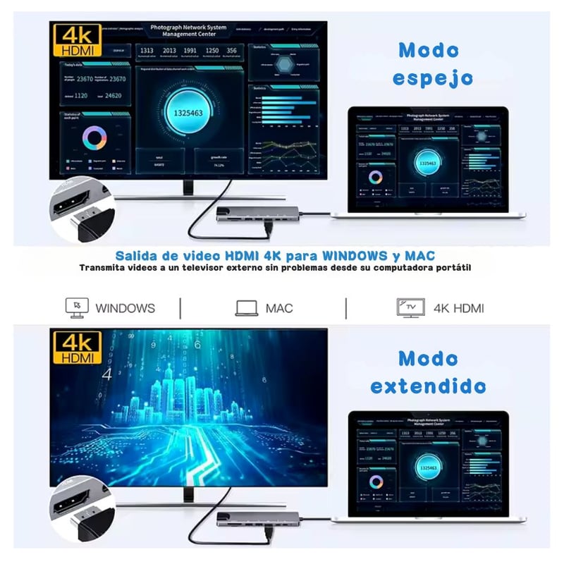 HUB IMPORTADO BLUETOOTH USB C ADAPTADOR USB C 8 EN 1 CON HDMI 4K 100 W PD PUERTO USB C - 2