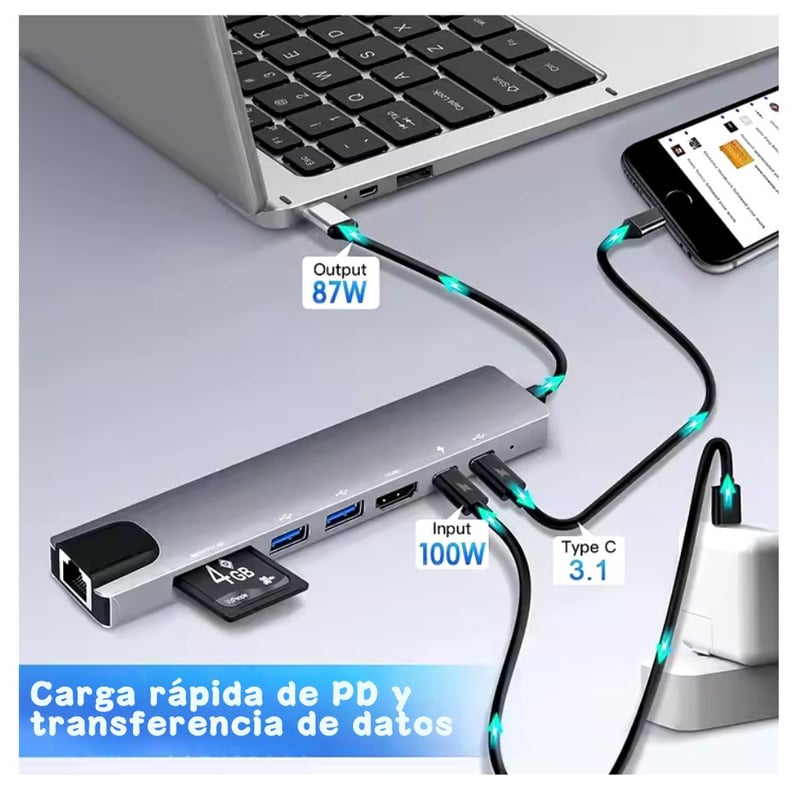 HUB IMPORTADO BLUETOOTH USB C ADAPTADOR USB C 8 EN 1 CON HDMI 4K 100 W PD PUERTO USB C - 4