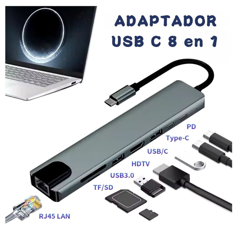 HUB IMPORTADO BLUETOOTH USB C ADAPTADOR USB C 8 EN 1 CON HDMI 4K 100 W PD PUERTO USB C - 5