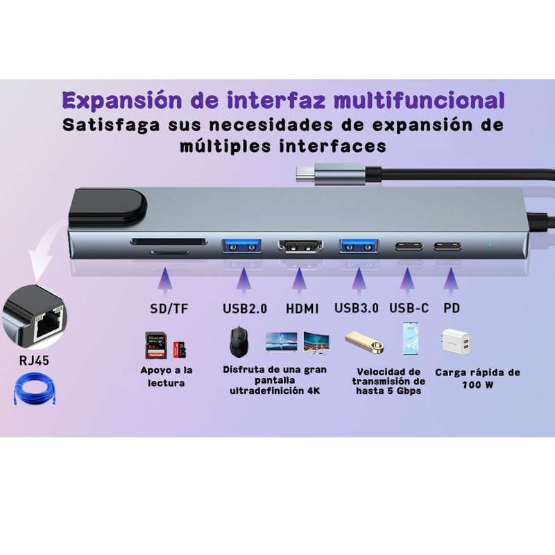 HUB IMPORTADO BLUETOOTH USB C ADAPTADOR USB C 8 EN 1 CON HDMI 4K 100 W PD PUERTO USB C - 6