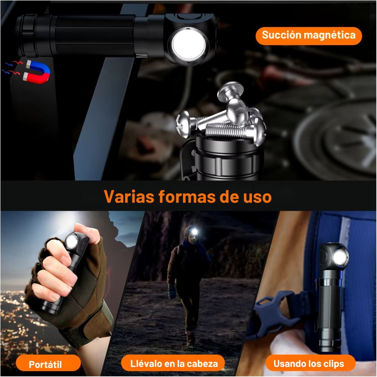 LINTERNA CABEZA ALUMINIO RECARGABLE PROFESIONAL 600LM IMANTADA USB C AJUSTABLE - 5