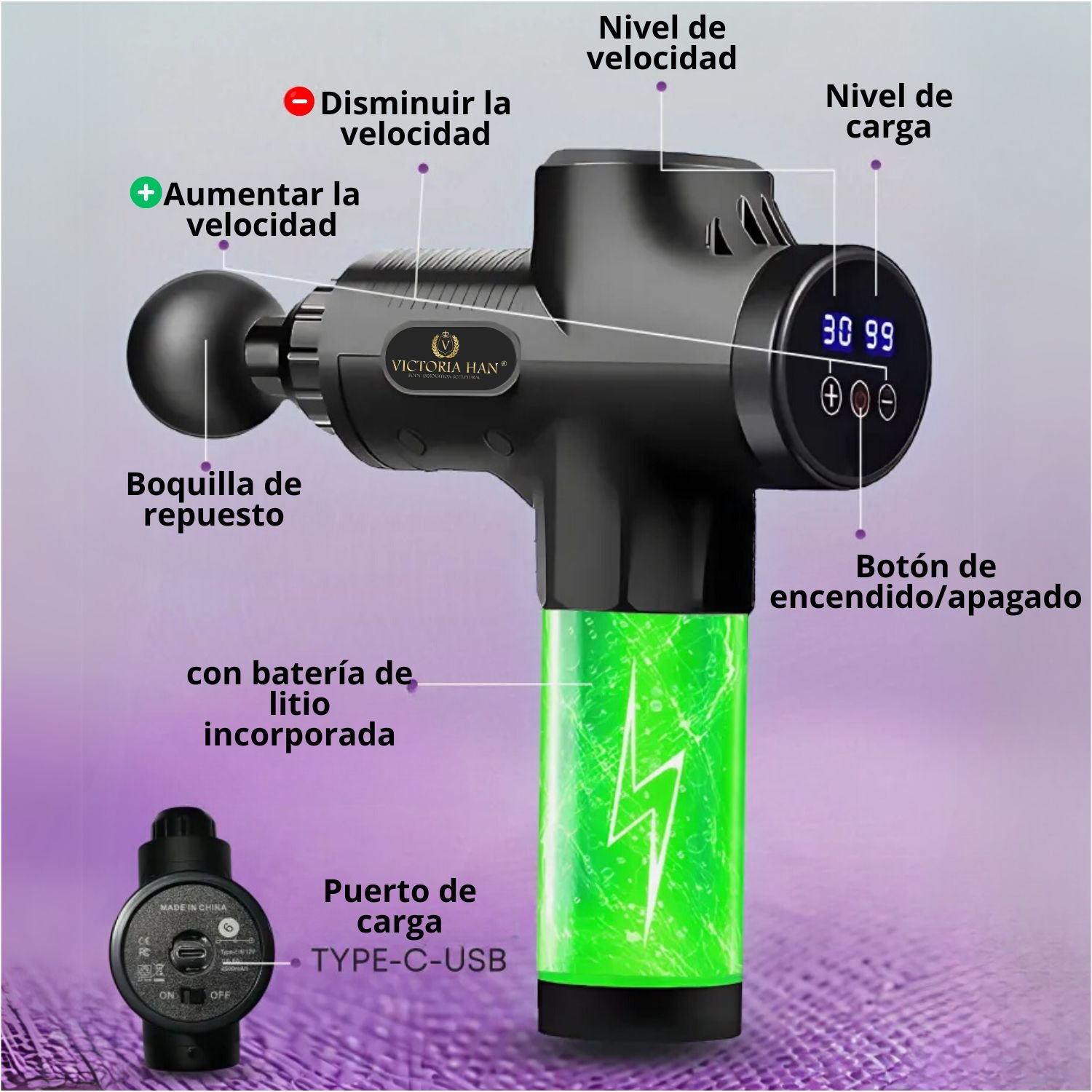 PISTOLA DE MASAJE MUSCULAR MAX GUN PROFESIONAL CON 6 CABEZALES, 30 VELOCIDADES PARA RELAJAR Y ALIVIAR DOLORES EN TODO EL CUERPO - 5