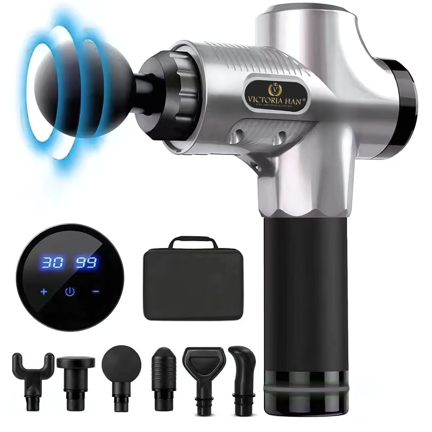 MASAJEADOR MUSCULAR ELÉCTRICO MAX GUN – 30 VELOCIDADES Y 6 CABEZALES PARA ESPALDA, CUELLO Y PIERNAS, IDEAL PARA RELAJACIÓN - 1