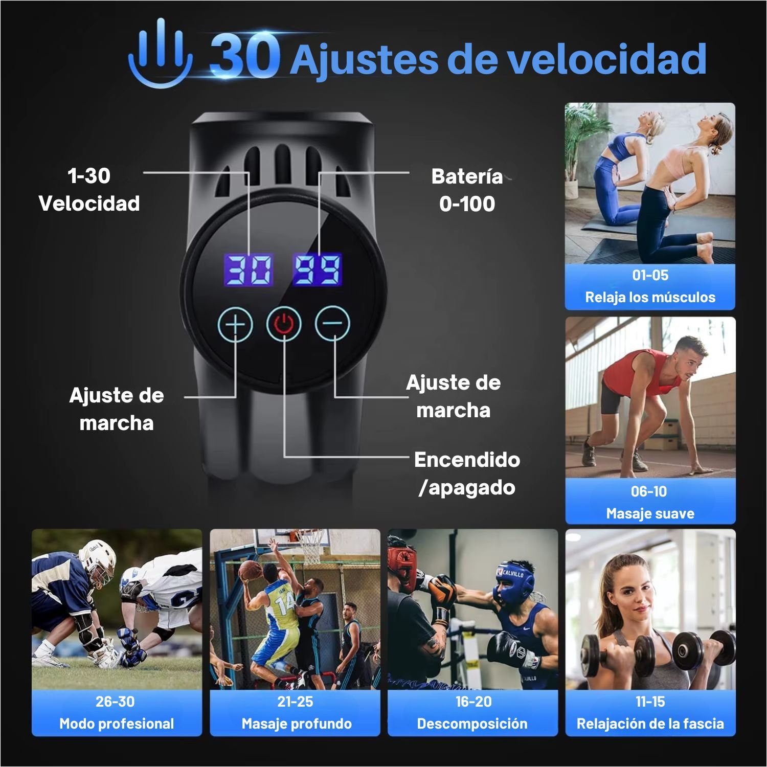 MASAJEADOR MUSCULAR ELÉCTRICO MAX GUN – 30 VELOCIDADES Y 6 CABEZALES PARA ESPALDA, CUELLO Y PIERNAS, IDEAL PARA RELAJACIÓN - 2