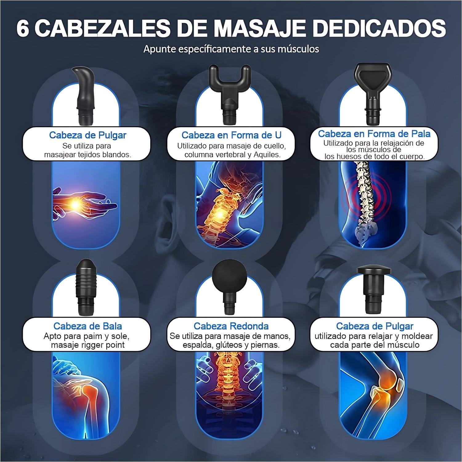 MASAJEADOR MUSCULAR ELÉCTRICO MAX GUN – 30 VELOCIDADES Y 6 CABEZALES PARA ESPALDA, CUELLO Y PIERNAS, IDEAL PARA RELAJACIÓN - 4