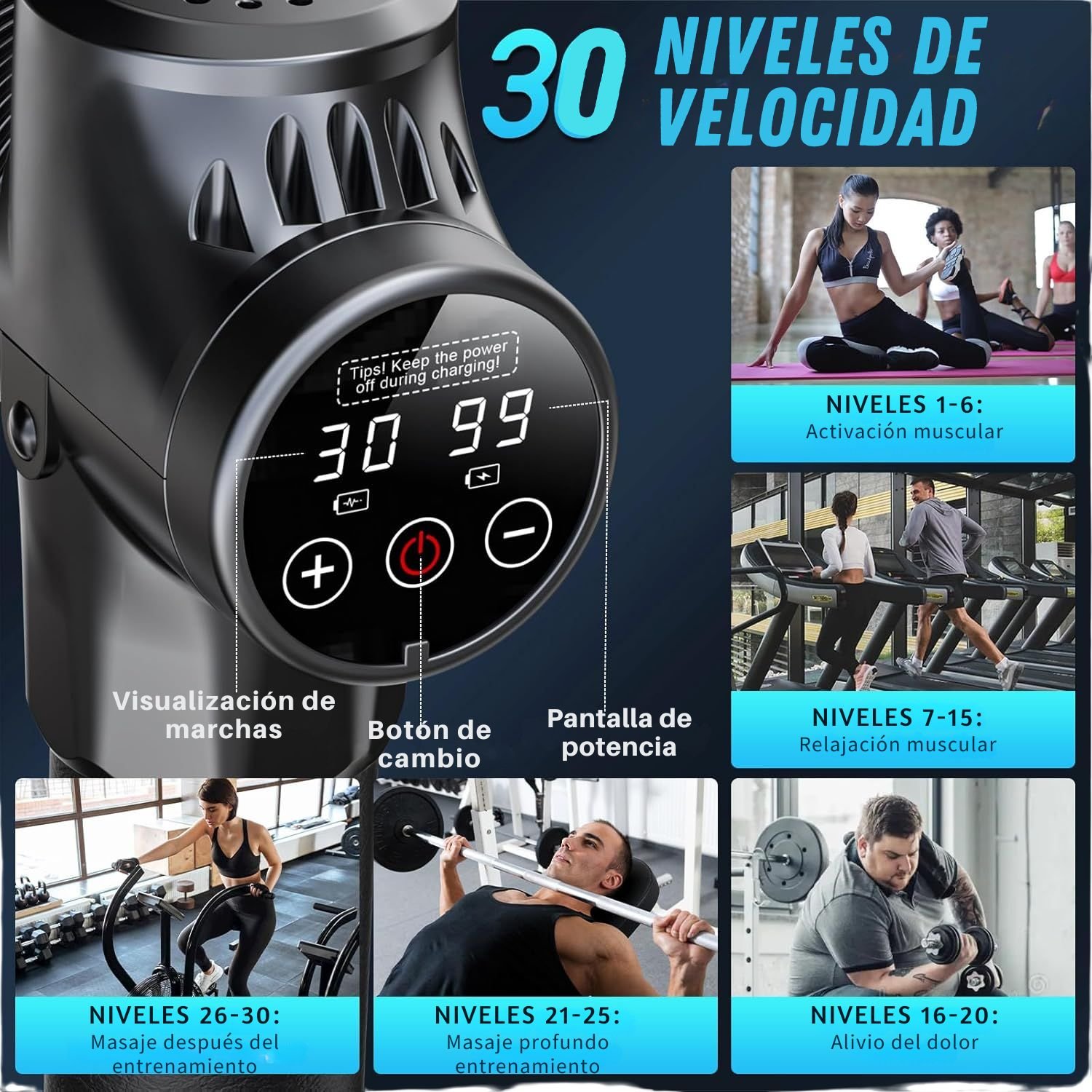 PISTOLA DE MASAJE MUSCULAR MAX GUN PROFESIONAL CON 6 CABEZALES, 30 VELOCIDADES Y MOTOR SILENCIOSO PARA RELAJAR Y ALIVIAR DOLORES - 2