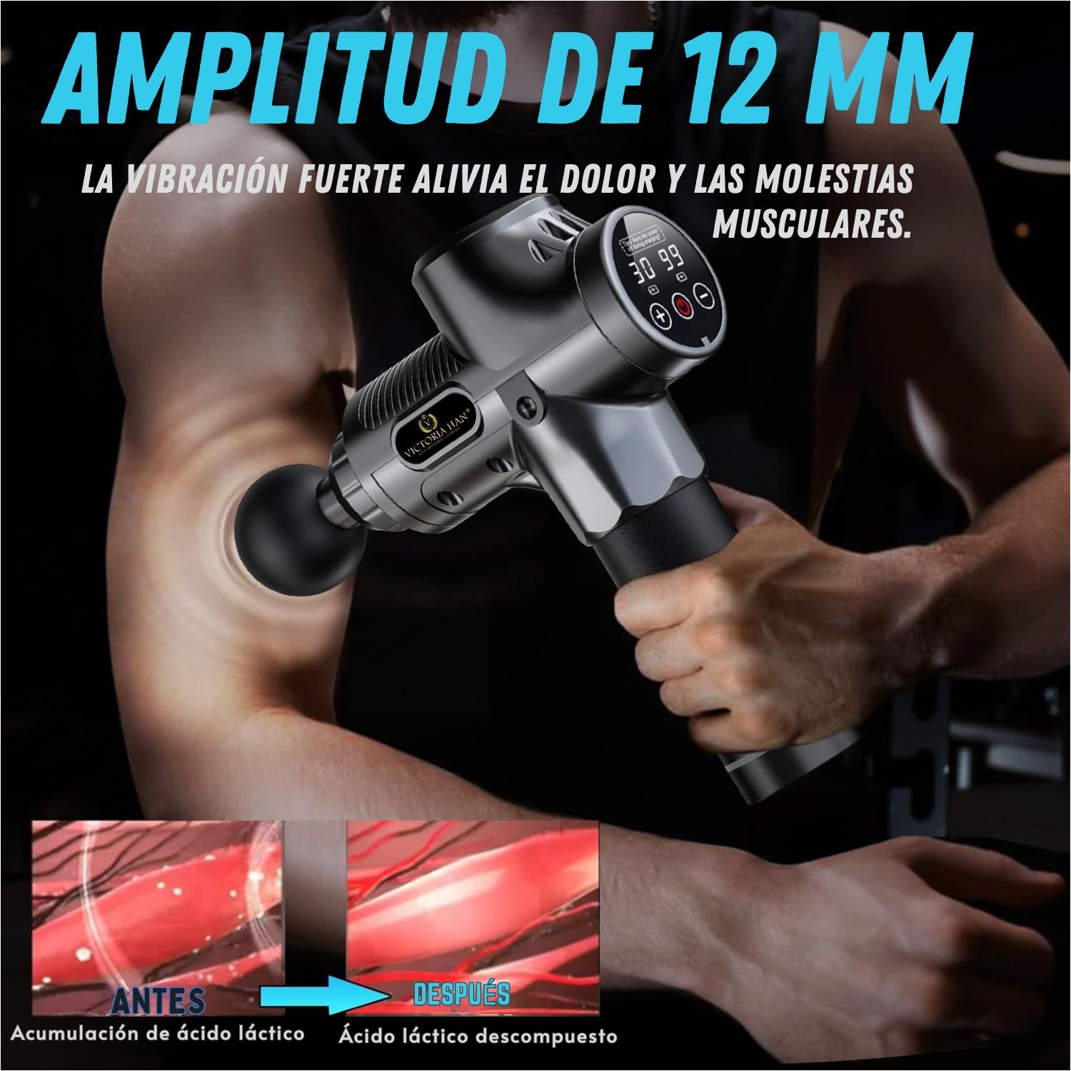 PISTOLA DE MASAJE MUSCULAR MAX GUN PROFESIONAL CON 6 CABEZALES, 30 VELOCIDADES Y MOTOR SILENCIOSO PARA RELAJAR Y ALIVIAR DOLORES - 4