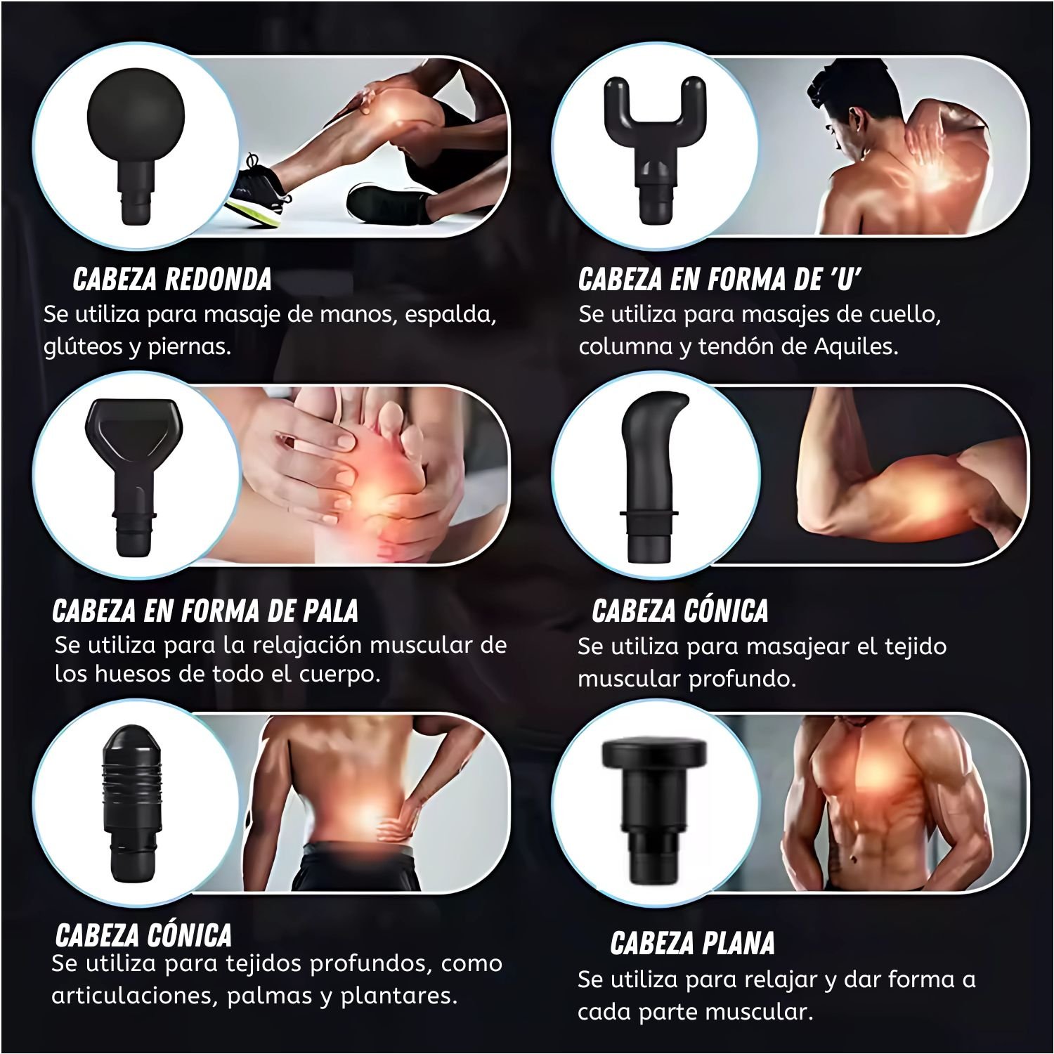 PISTOLA DE MASAJE MUSCULAR MAX GUN PROFESIONAL CON 6 CABEZALES, 30 VELOCIDADES Y MOTOR SILENCIOSO PARA RELAJAR Y ALIVIAR DOLORES - 6