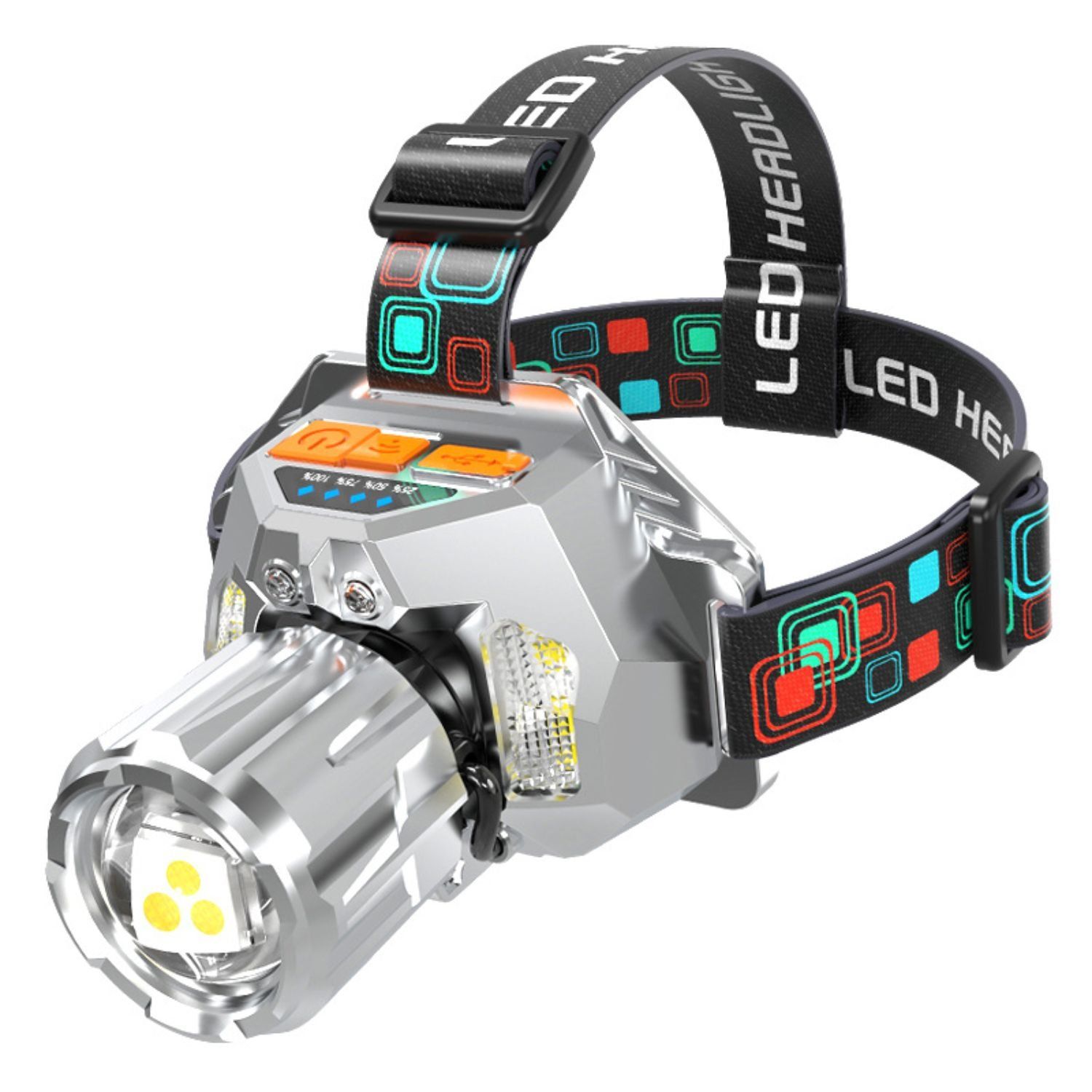 LINTERNA DE CABEZA LED DE LARGO ALCANCE CON BATERÍA RECARGABLE. ZOOM AJUSTABLE Y LUZ BLANCA, ROJA, AZUL Y AMARILLA. - 1