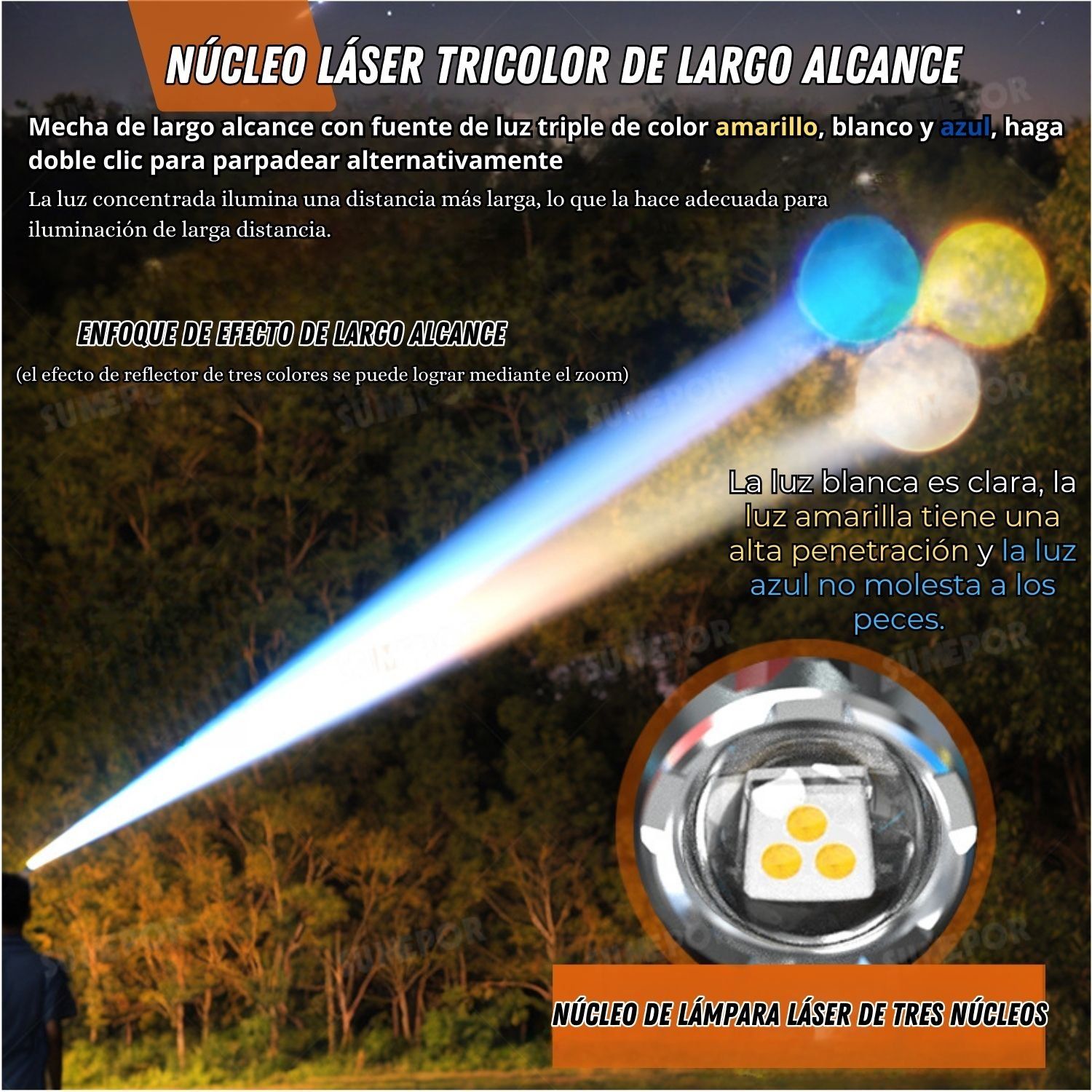 LINTERNA DE CABEZA LED DE LARGO ALCANCE CON BATERÍA RECARGABLE. ZOOM AJUSTABLE Y LUZ BLANCA, ROJA, AZUL Y AMARILLA. - 4