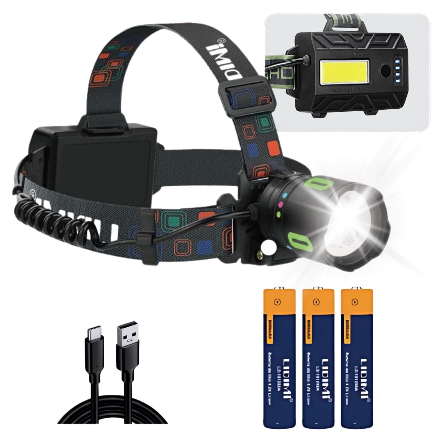 LINTERNA FRONTAL PARA CASCO CON LUZ ROJA TRASERA, 8 MODOS DE ILUMINACIÓN, ZOOM AJUSTABLE Y BATERÍA 18650 - 1