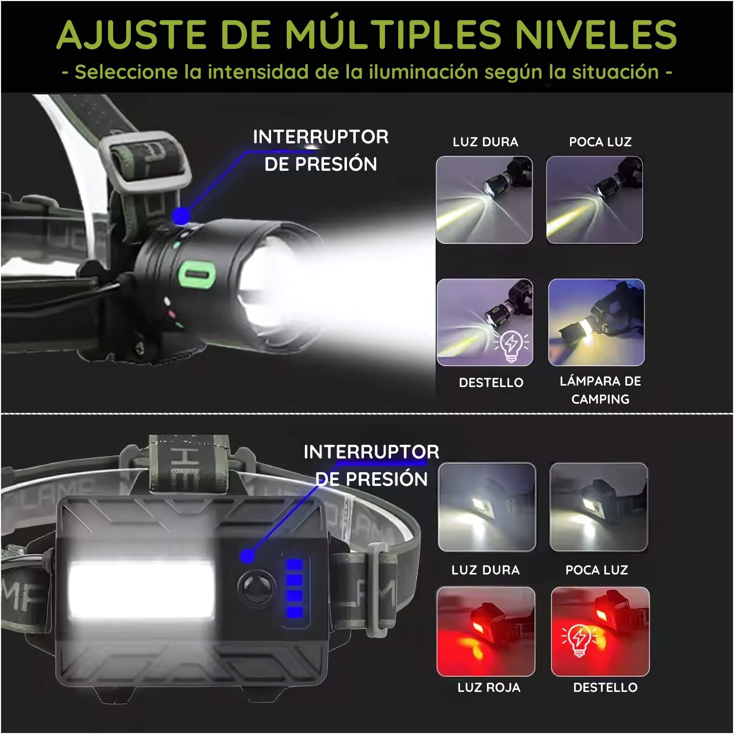 LINTERNA FRONTAL PARA CASCO CON LUZ ROJA TRASERA, 8 MODOS DE ILUMINACIÓN, ZOOM AJUSTABLE Y BATERÍA 18650 - 2