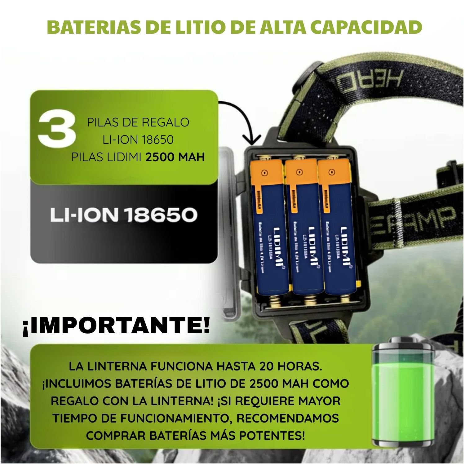 LINTERNA FRONTAL PARA CASCO CON LUZ ROJA TRASERA, 8 MODOS DE ILUMINACIÓN, ZOOM AJUSTABLE Y BATERÍA 18650 - 6
