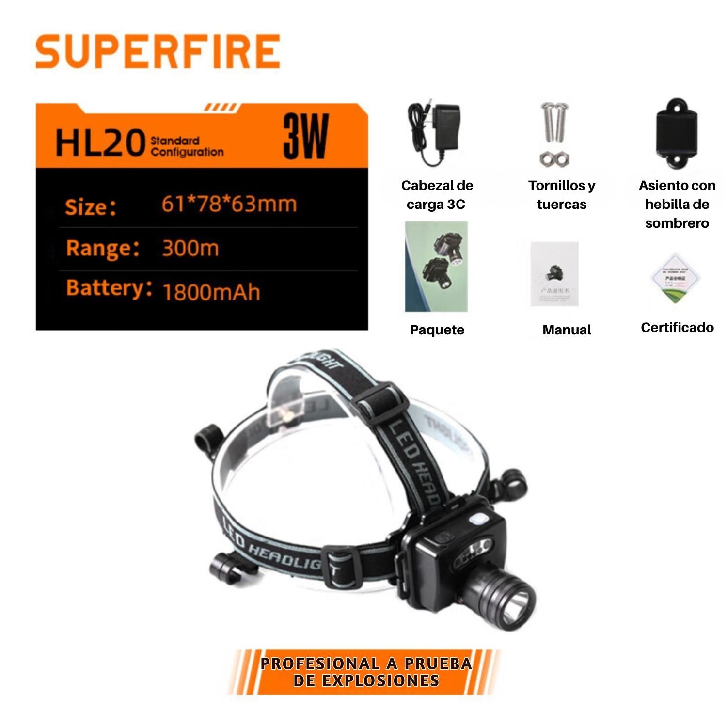 LINTERNA PROFESIONAL HL20 A PRUEBA DE EXPLOSIONES CON 5 MODOS DE LUZ, IP66, LUZ DE EMERGENCIA ROJA Y BATERÍA RECARGABLE - 1