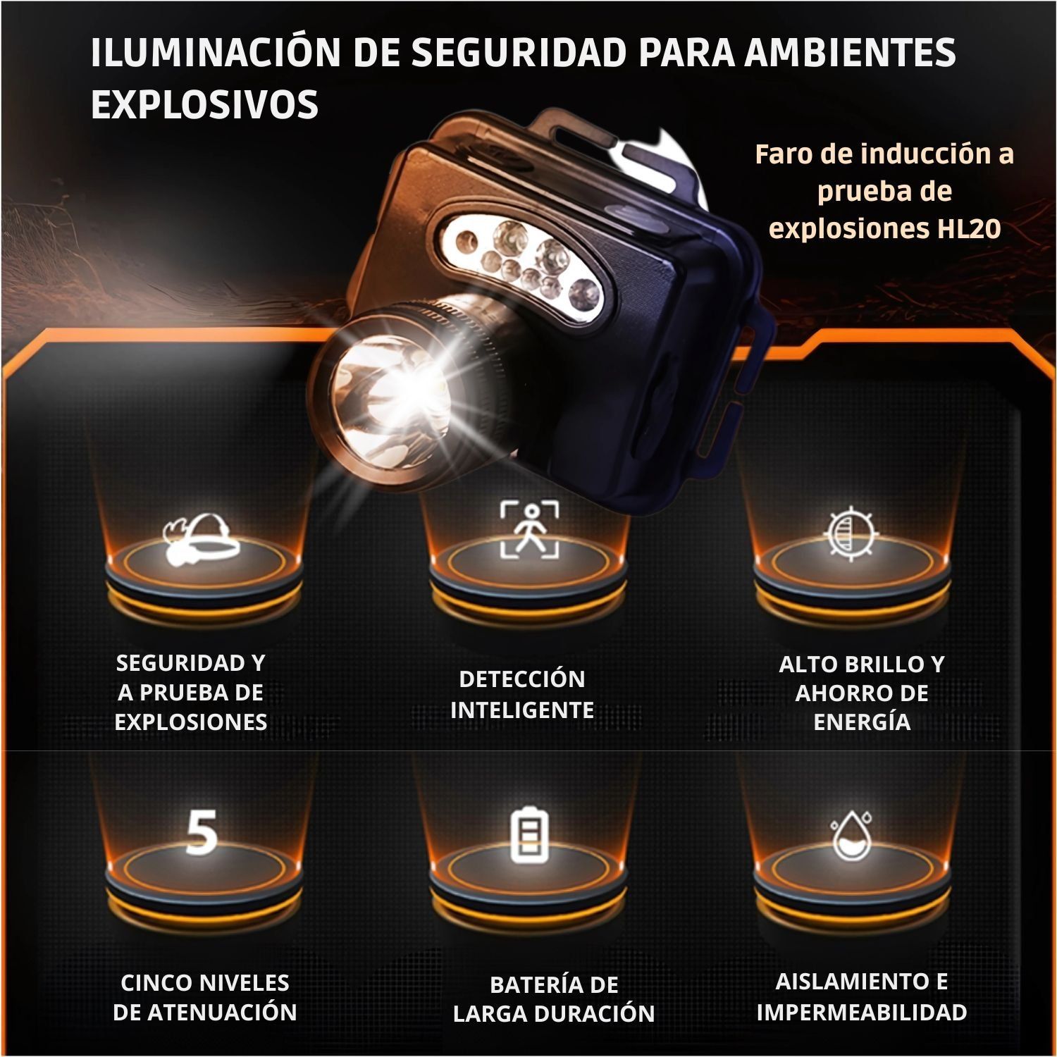 LINTERNA PROFESIONAL HL20 A PRUEBA DE EXPLOSIONES CON 5 MODOS DE LUZ, IP66, LUZ DE EMERGENCIA ROJA Y BATERÍA RECARGABLE - 5