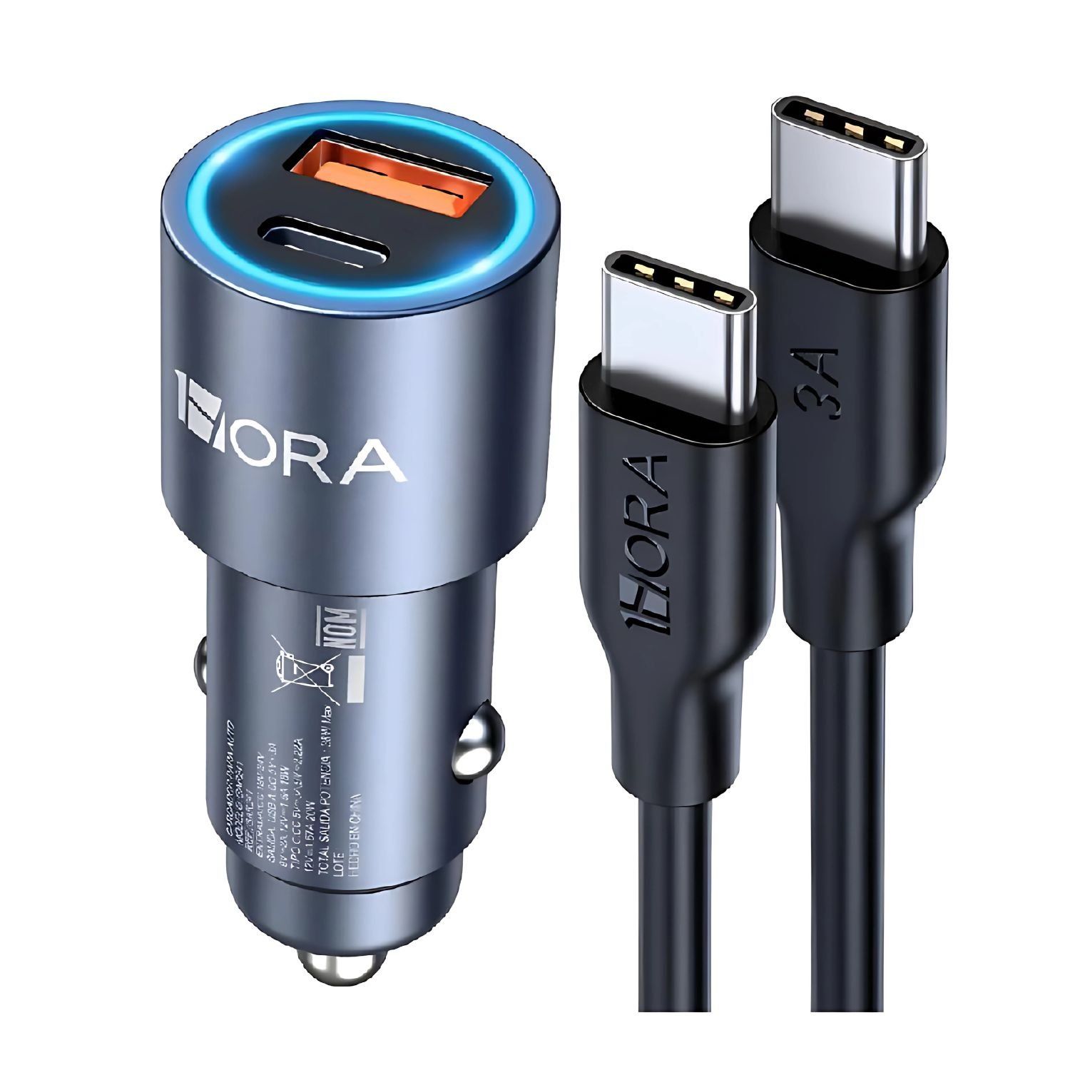 CARGADOR RÁPIDO AUTO 38W 1 HORA PD 20W + QC 18W USB TIPO C Y A PARA IPHONE SAMSUNG XIAOMI DASHCAM 12V-24V CON CABLE - 1