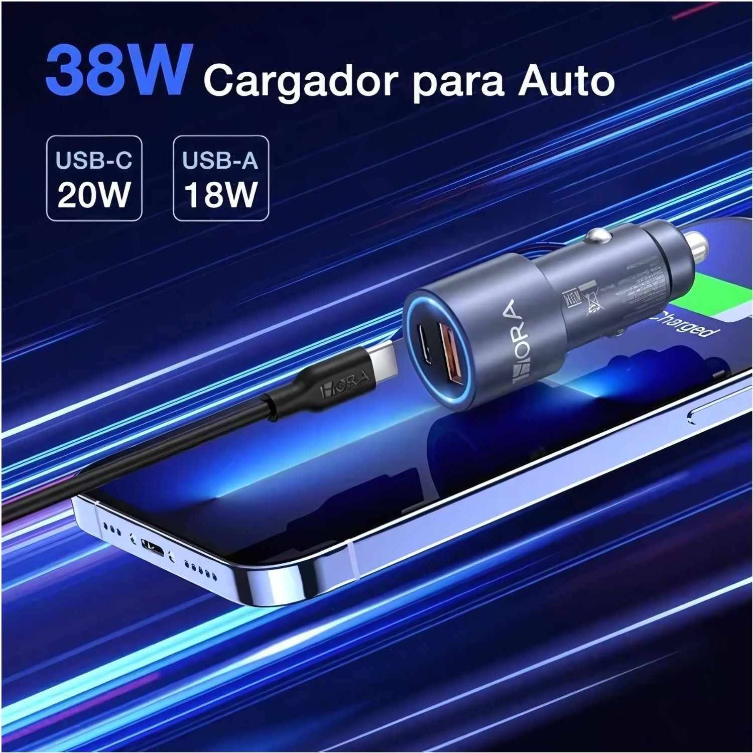 CARGADOR RÁPIDO AUTO 38W 1 HORA PD 20W + QC 18W USB TIPO C Y A PARA IPHONE SAMSUNG XIAOMI DASHCAM 12V-24V CON CABLE - 2