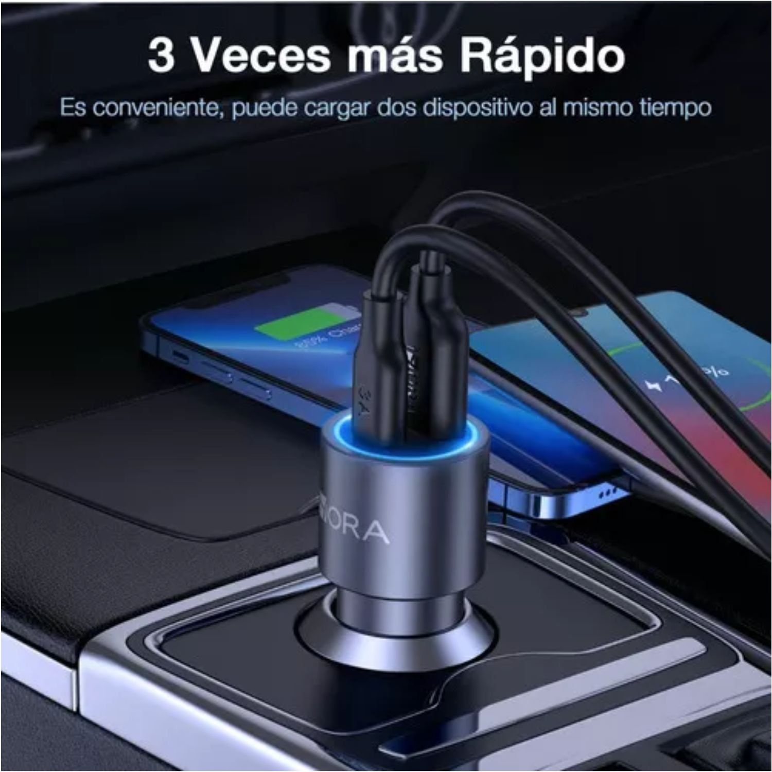 CARGADOR RÁPIDO AUTO 38W 1 HORA PD 20W + QC 18W USB TIPO C Y A PARA IPHONE SAMSUNG XIAOMI DASHCAM 12V-24V CON CABLE - 3