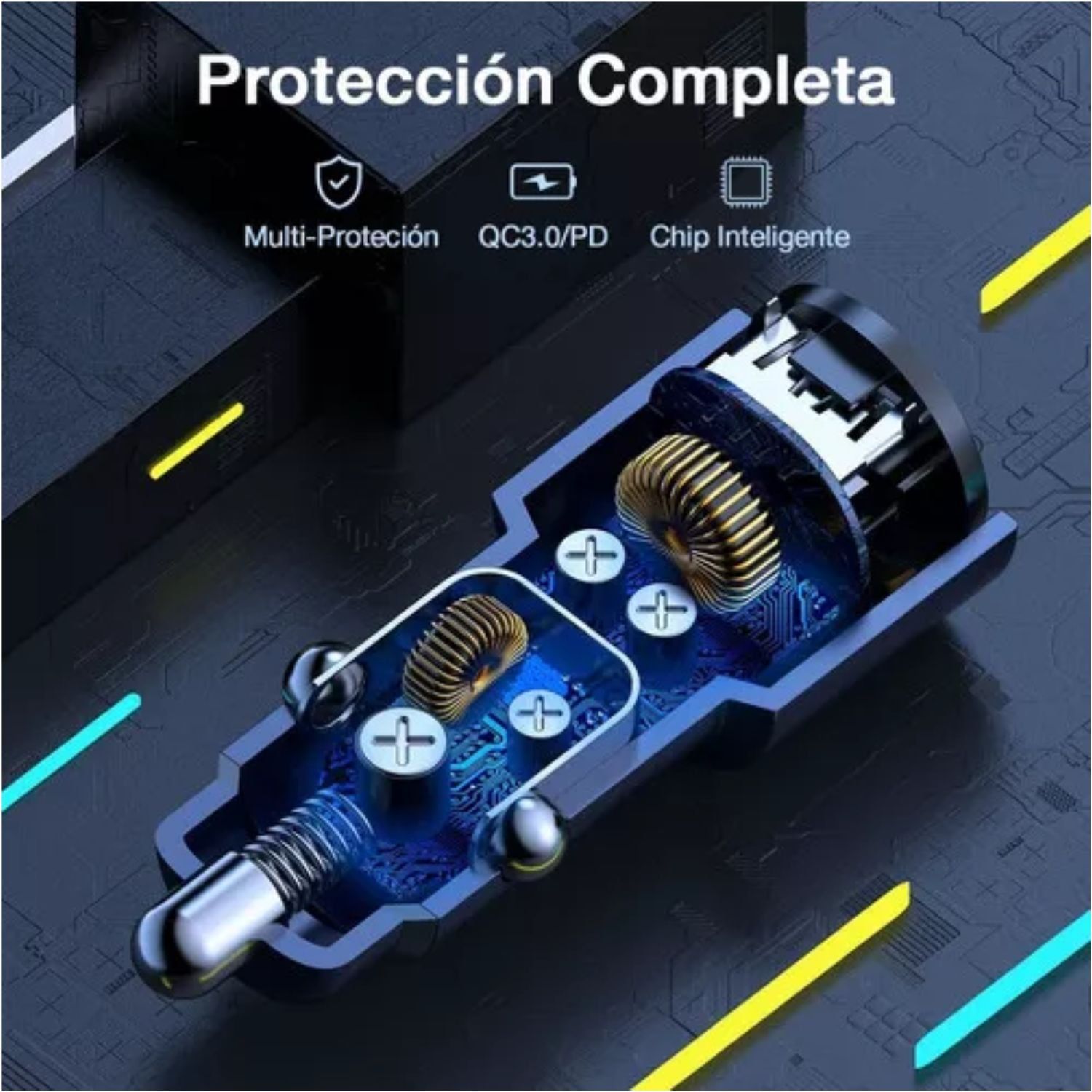 CARGADOR RÁPIDO AUTO 38W 1 HORA PD 20W + QC 18W USB TIPO C Y A PARA IPHONE SAMSUNG XIAOMI DASHCAM 12V-24V CON CABLE - 6