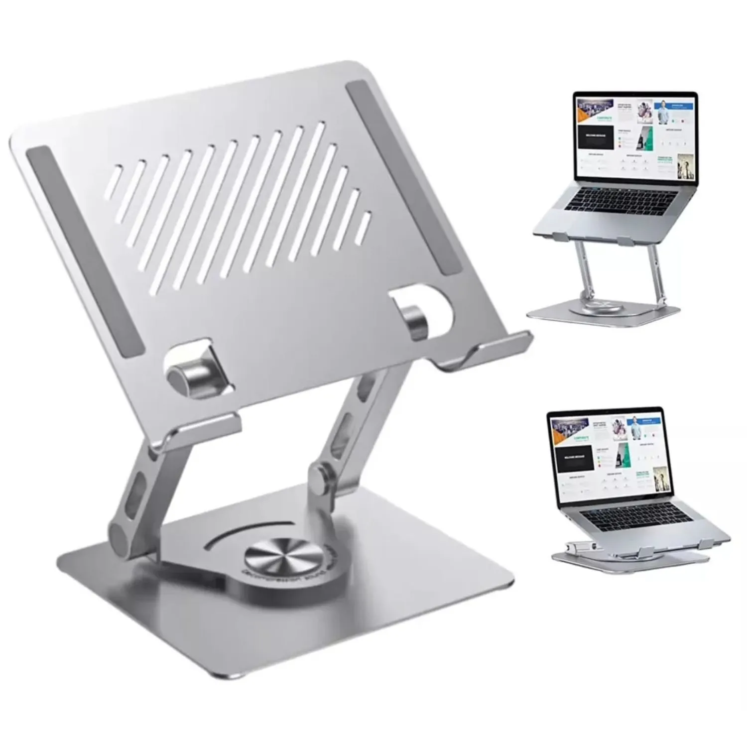 SOPORTE ERGONÓMICO PARA LAPTOP Y TABLET CON BASE GIRATORIA 360°, DISEÑO METÁLICO PLEGABLE, AJUSTABLE Y PORTÁTIL PARA ESCRITORIO - 1