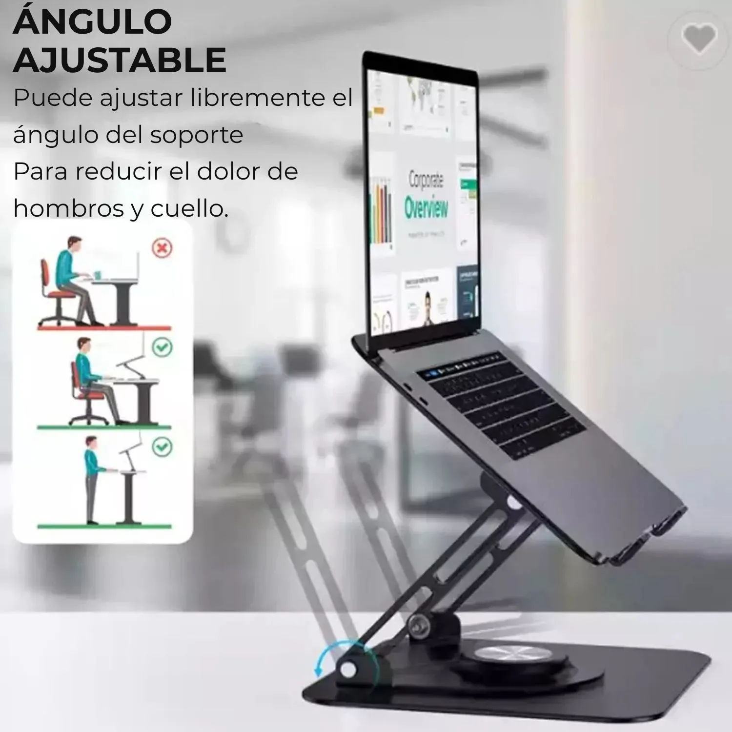 SOPORTE ERGONÓMICO PARA LAPTOP Y TABLET CON BASE GIRATORIA 360°, DISEÑO METÁLICO PLEGABLE, AJUSTABLE Y PORTÁTIL PARA ESCRITORIO - 2
