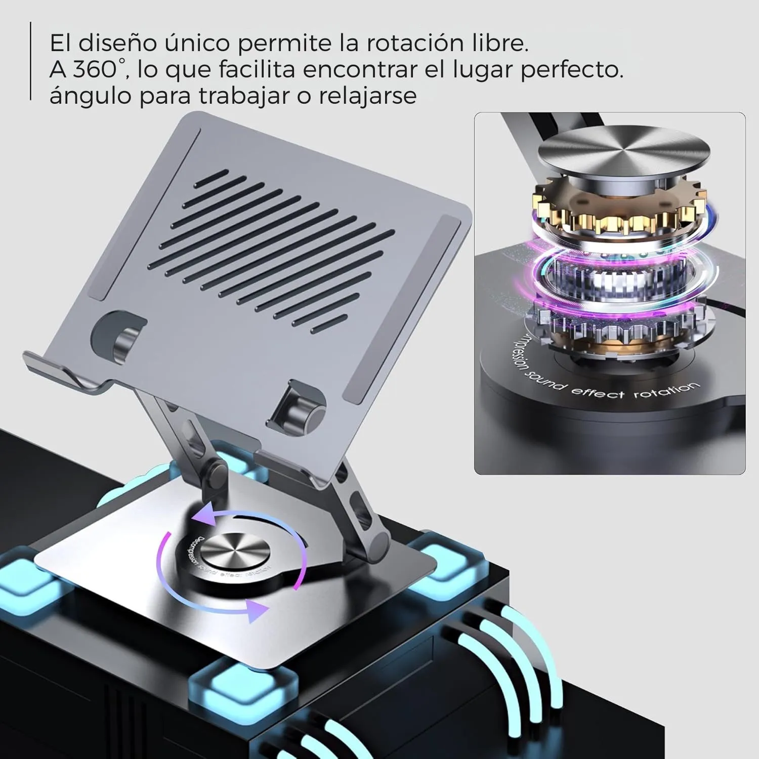 SOPORTE ERGONÓMICO PARA LAPTOP Y TABLET CON BASE GIRATORIA 360°, DISEÑO METÁLICO PLEGABLE, AJUSTABLE Y PORTÁTIL PARA ESCRITORIO - 7