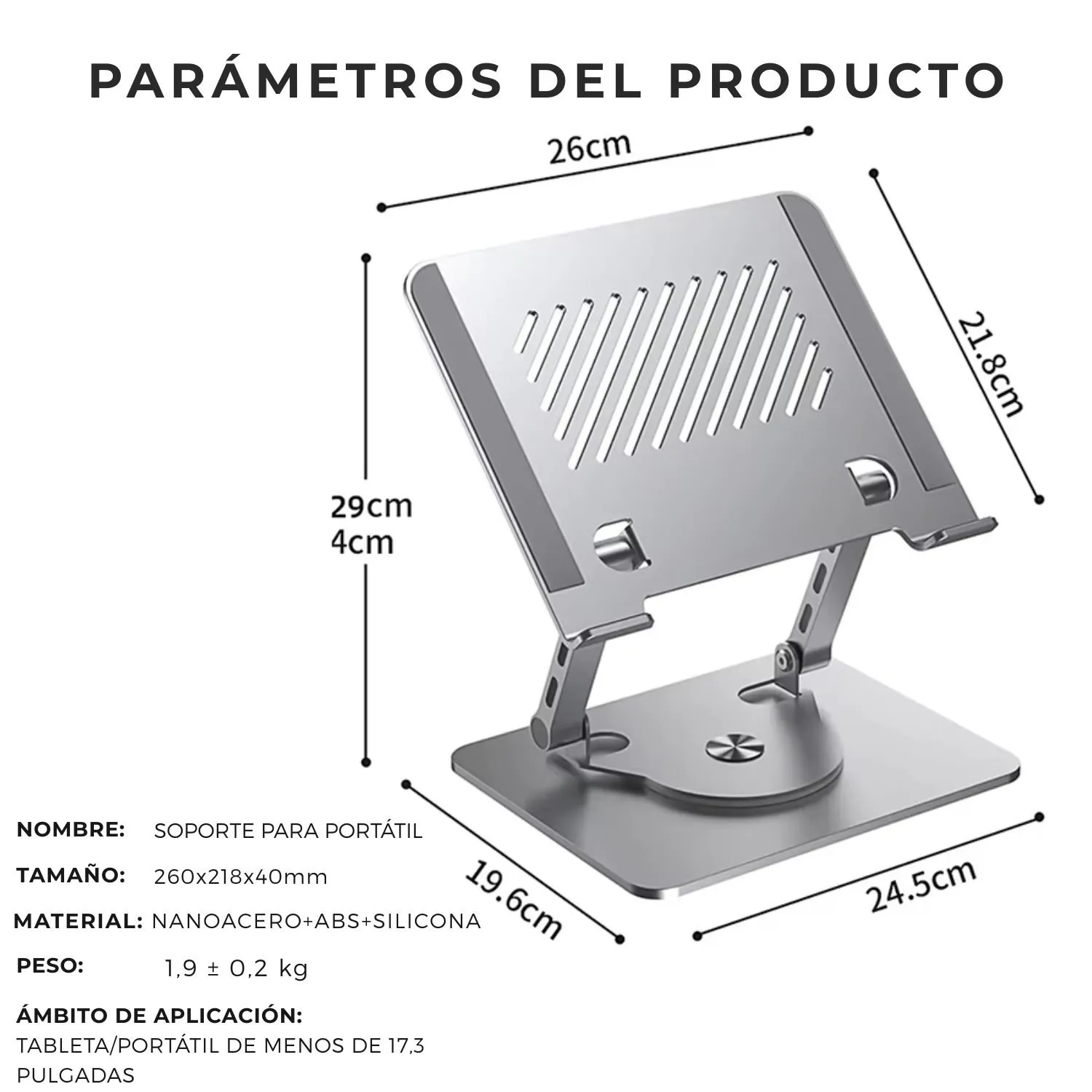 SOPORTE ERGONÓMICO PARA LAPTOP Y TABLET CON BASE GIRATORIA 360°, DISEÑO METÁLICO PLEGABLE, AJUSTABLE Y PORTÁTIL PARA ESCRITORIO - 8