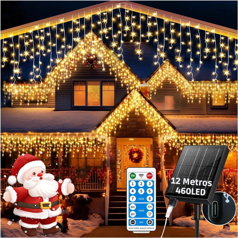 LUCES DE NAVIDAD SOLARES DE CASCADA 12 METROS 460 LED AMARILLAS CON CONTROL REMOTO, 8 MODOS Y CARGA SOLAR + USB TIPO C - 1