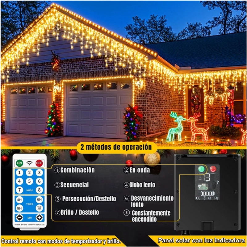 LUCES DE NAVIDAD SOLARES DE CASCADA 12 METROS 460 LED AMARILLAS CON CONTROL REMOTO, 8 MODOS Y CARGA SOLAR + USB TIPO C - 2