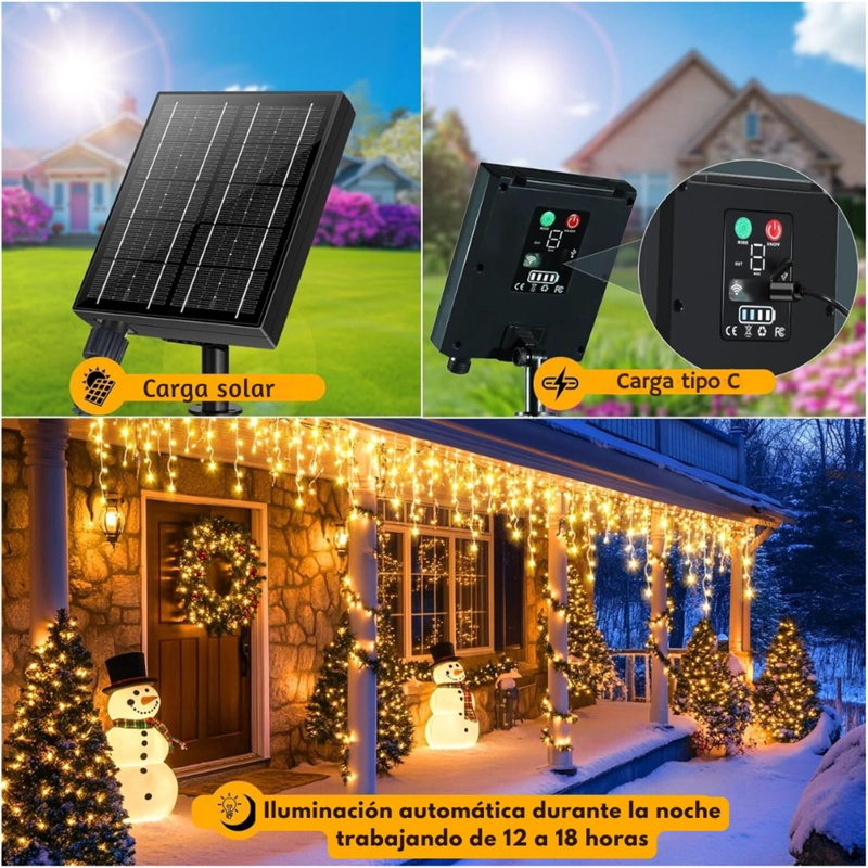 LUCES DE NAVIDAD SOLARES DE CASCADA 12 METROS 460 LED AMARILLAS CON CONTROL REMOTO, 8 MODOS Y CARGA SOLAR + USB TIPO C - 3