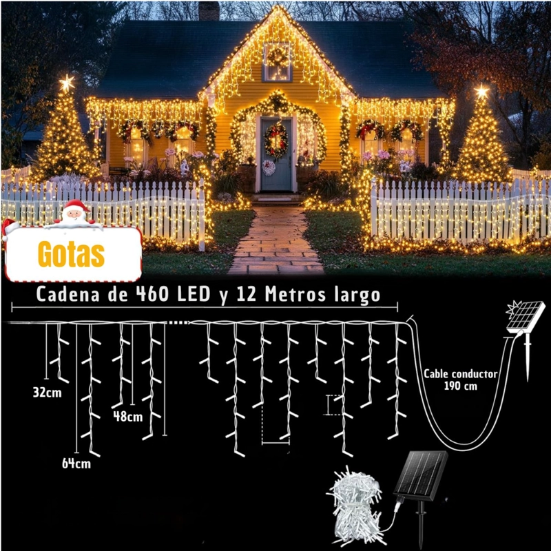 LUCES DE NAVIDAD SOLARES DE CASCADA 12 METROS 460 LED AMARILLAS CON CONTROL REMOTO, 8 MODOS Y CARGA SOLAR + USB TIPO C - 4