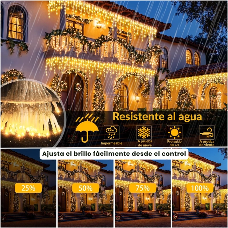 LUCES DE NAVIDAD SOLARES DE CASCADA 12 METROS 460 LED AMARILLAS CON CONTROL REMOTO, 8 MODOS Y CARGA SOLAR + USB TIPO C - 5