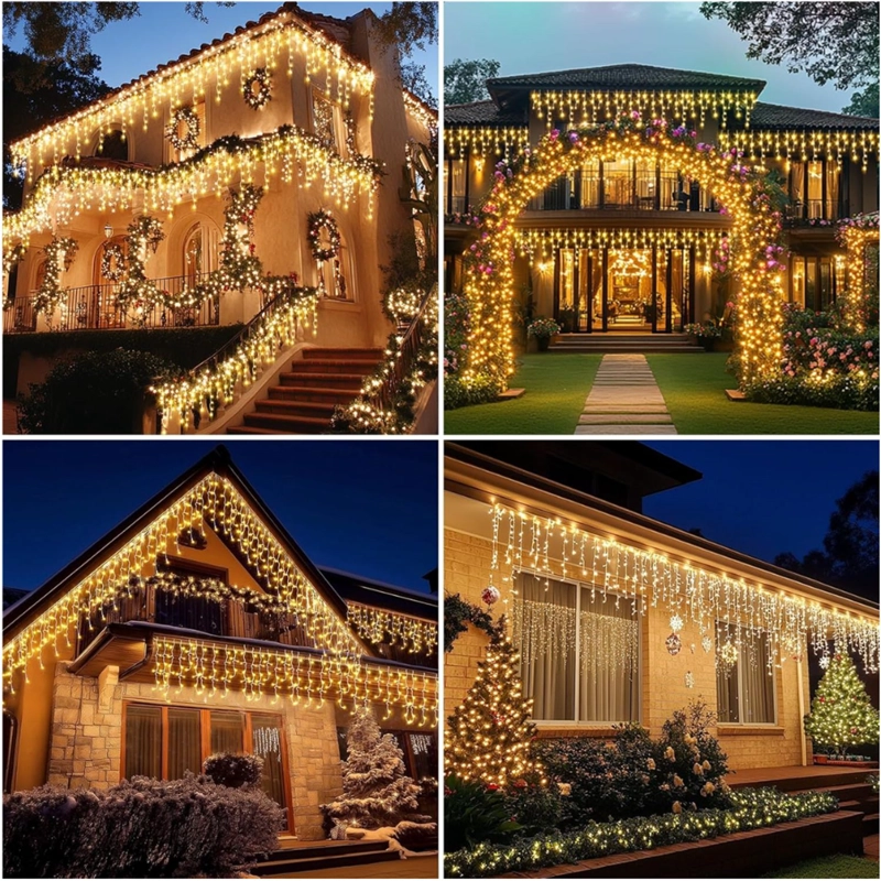 LUCES DE NAVIDAD SOLARES DE CASCADA 12 METROS 460 LED AMARILLAS CON CONTROL REMOTO, 8 MODOS Y CARGA SOLAR + USB TIPO C - 8
